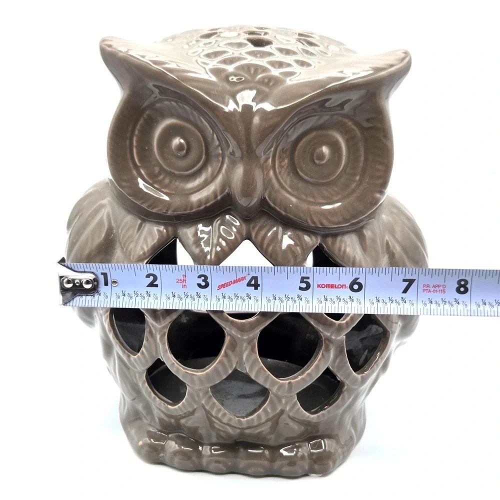 Owl Luminary Candle Holder Lantern Light Brown Gray  Ceramic 9.5